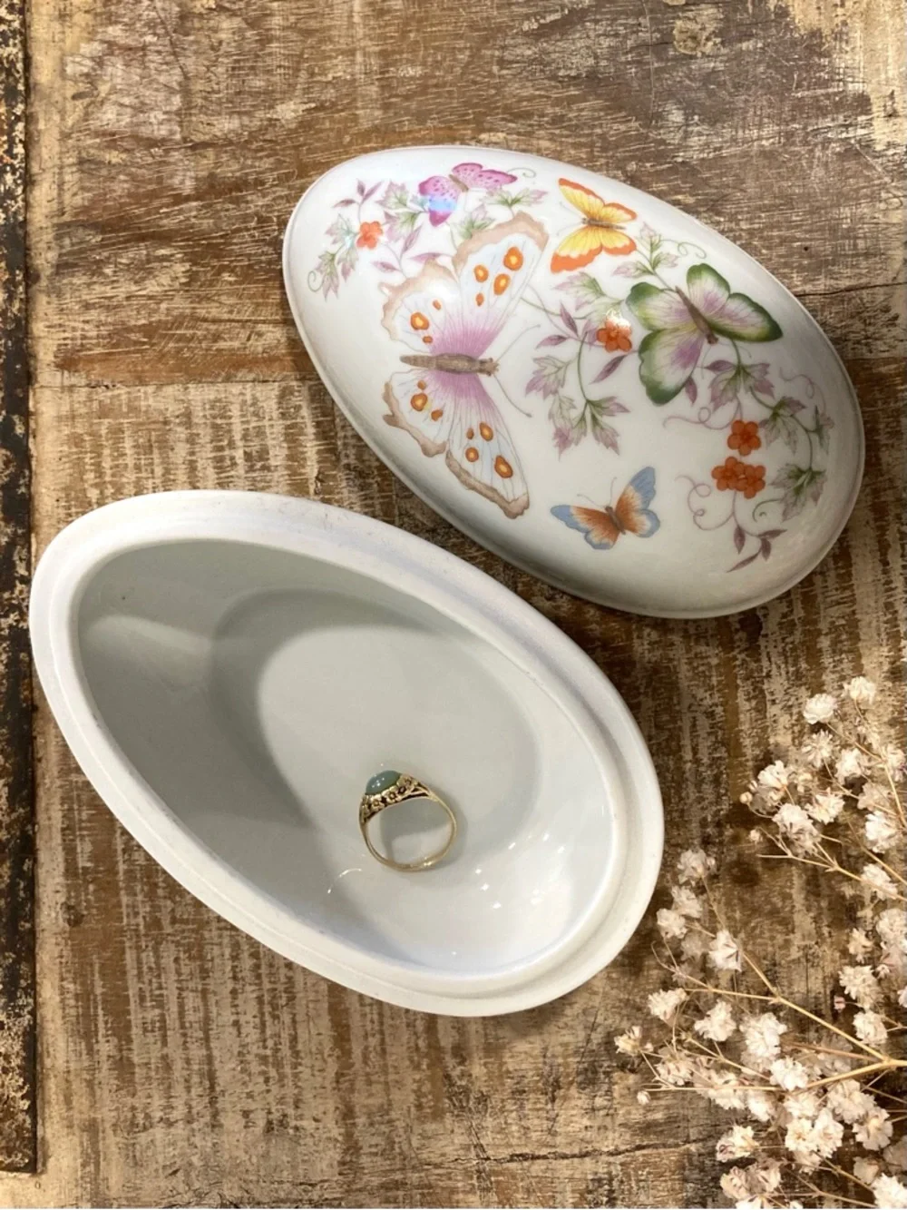 1970s Avon Butterfly Floral Porcelain Egg Shaped Trinket Box with 22K Gold Trim